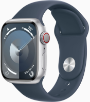 Apple Watch Series 9 GPS + Cellular 45mm Silver Aluminium Case with Storm Blue Sport Band - M/L